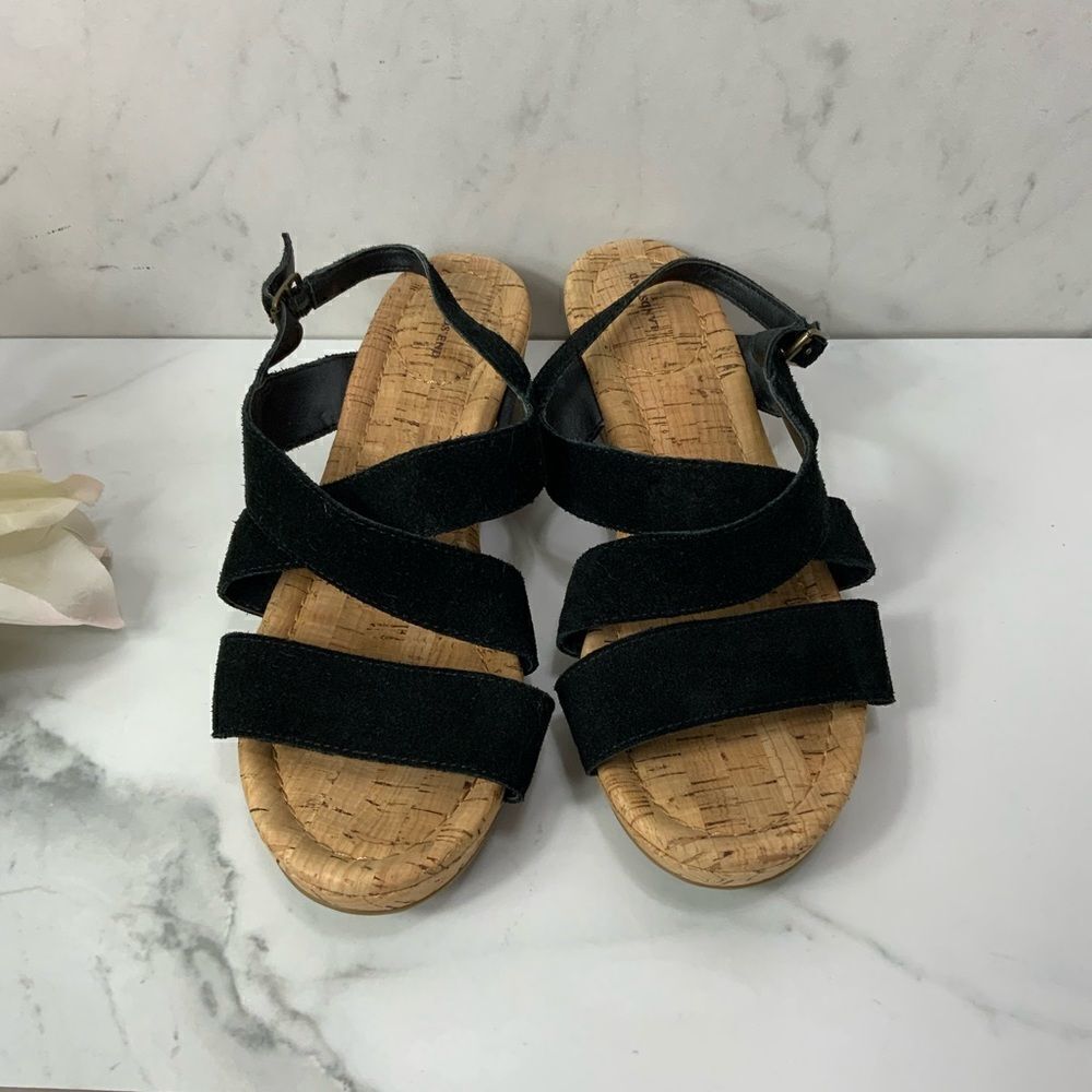 LANDS’ END cork wedge heel black suede sandals